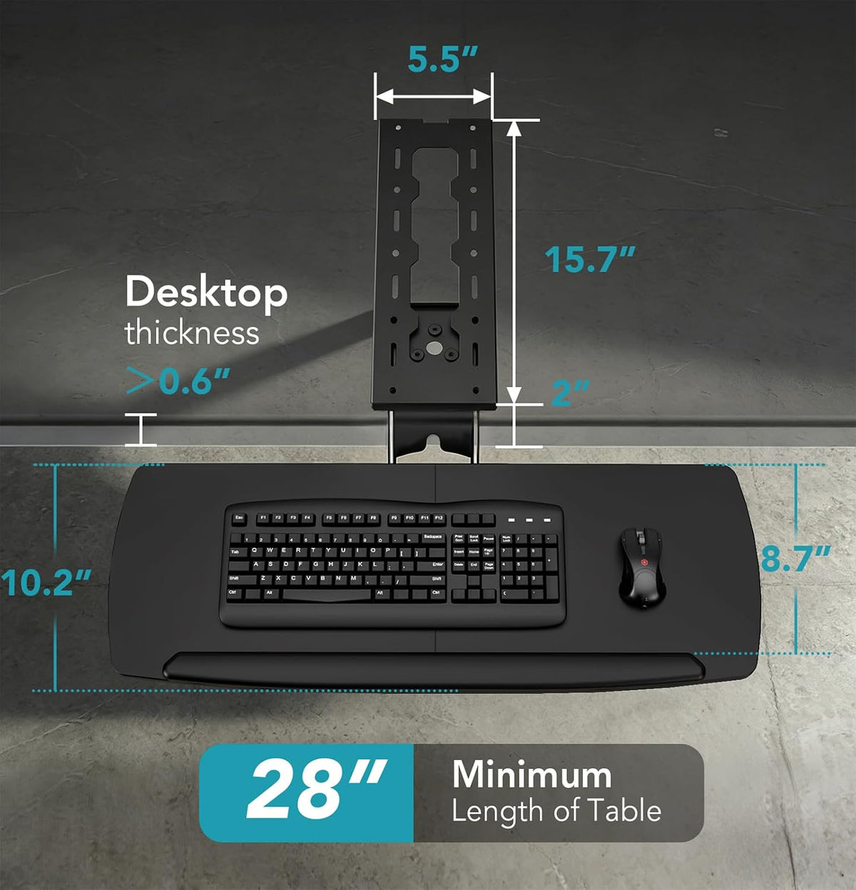 Keyboard Tray Under Desk with Storage Drawer, Height Adjustable Keyboard Tray Slide Out 360° Swivel Tilt, Ergonomic Under Desk Mount Keyboard & Mouse pad Lighting, Black