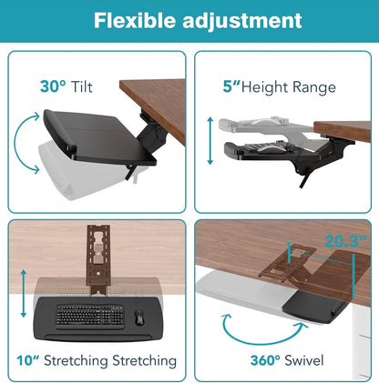 Keyboard Tray Under Desk with Storage Drawer, Height Adjustable Keyboard Tray Slide Out 360° Swivel Tilt, Ergonomic Under Desk Mount Keyboard & Mouse pad Lighting, Black