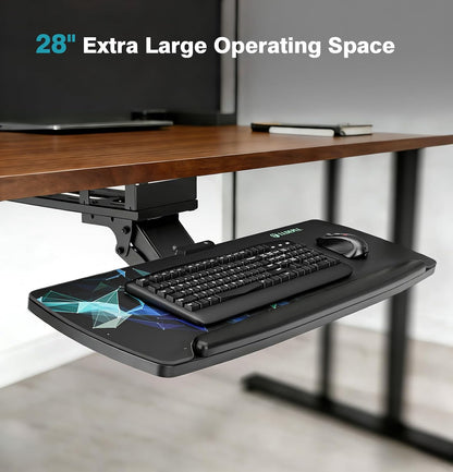 Keyboard Tray Under Desk with Storage Drawer, Height Adjustable Keyboard Tray Slide Out 360° Swivel Tilt, Ergonomic Under Desk Mount Keyboard & Mouse pad Lighting, Black