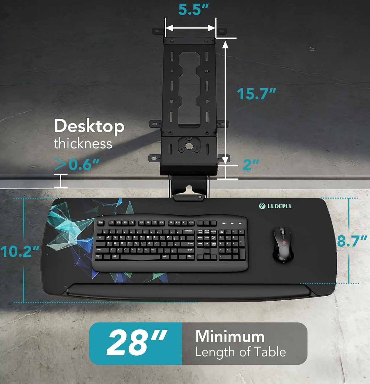 Keyboard Tray Under Desk with Storage Drawer, Height Adjustable Keyboard Tray Slide Out 360° Swivel Tilt, Ergonomic Under Desk Mount Keyboard & Mouse pad Lighting, Black