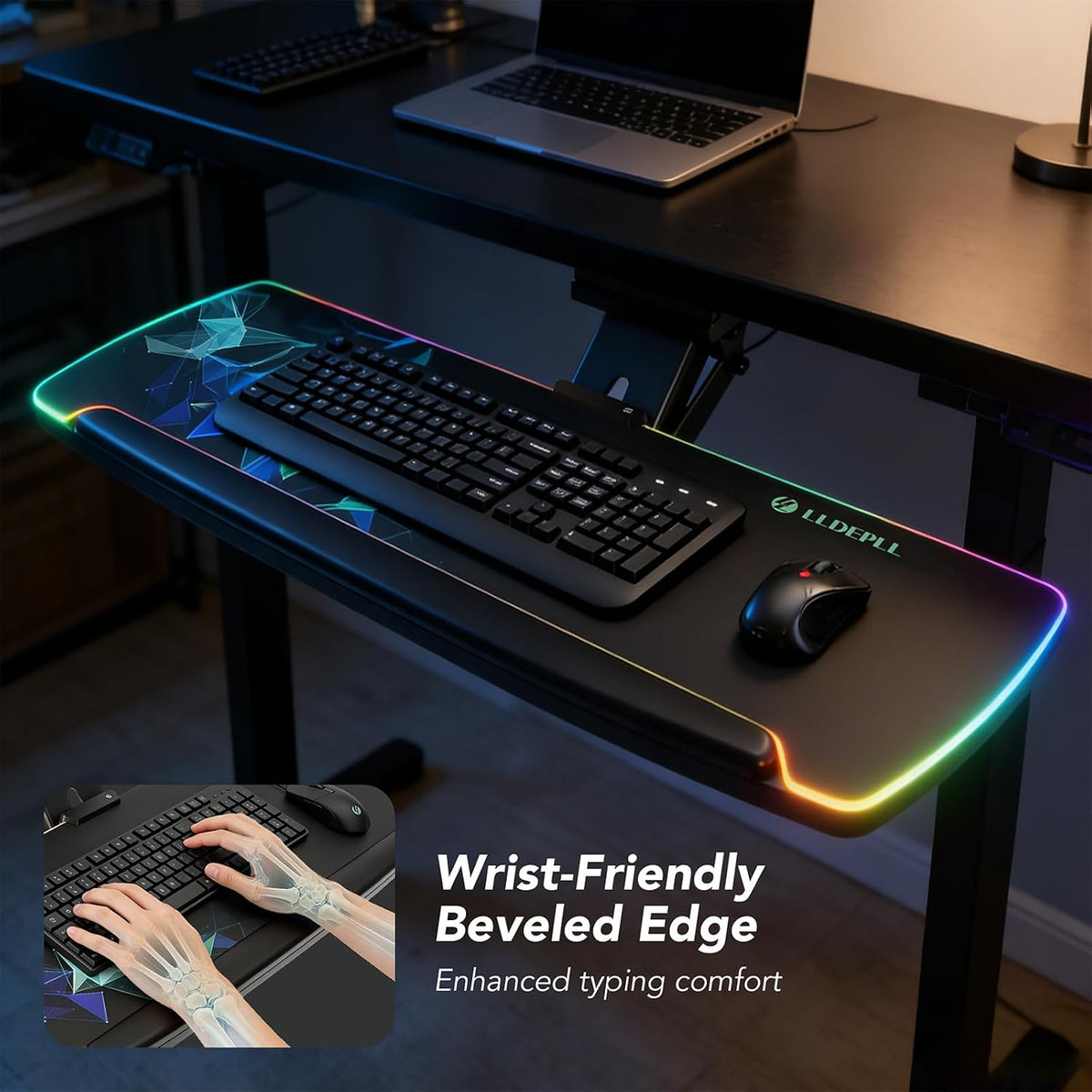Keyboard Tray Under Desk with Storage Drawer, Height Adjustable Keyboard Tray Slide Out 360° Swivel Tilt, Ergonomic Under Desk Mount Keyboard & Mouse pad Lighting, Black