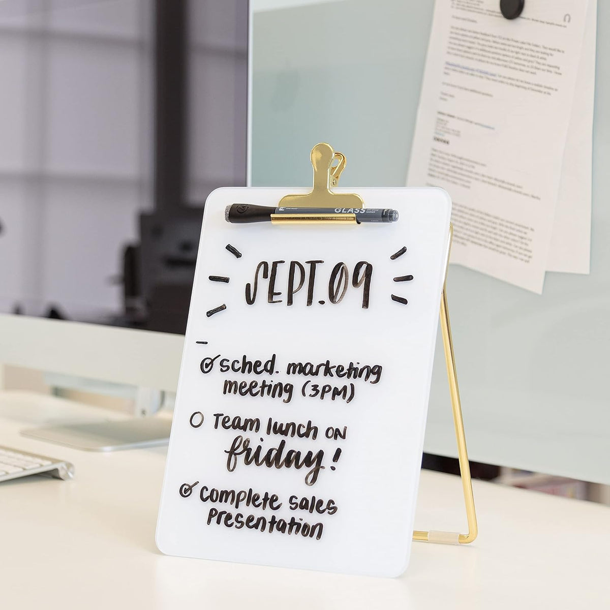 Desk Whiteboard Easel, Glass Dry Erase Board, Gold Wire Stand