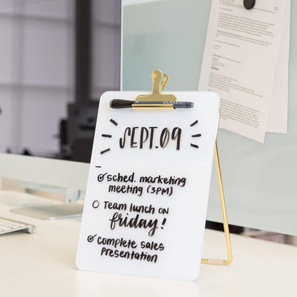 Desk Whiteboard Easel, Glass Dry Erase Board, Gold Wire Stand