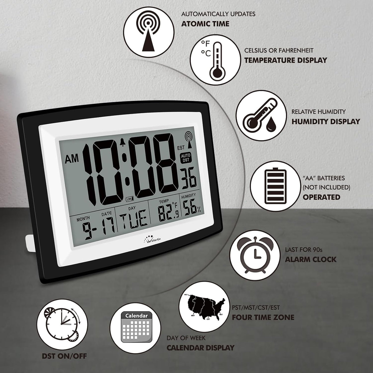 Self-Setting Atomic Digital Wall Clock with Auto DST