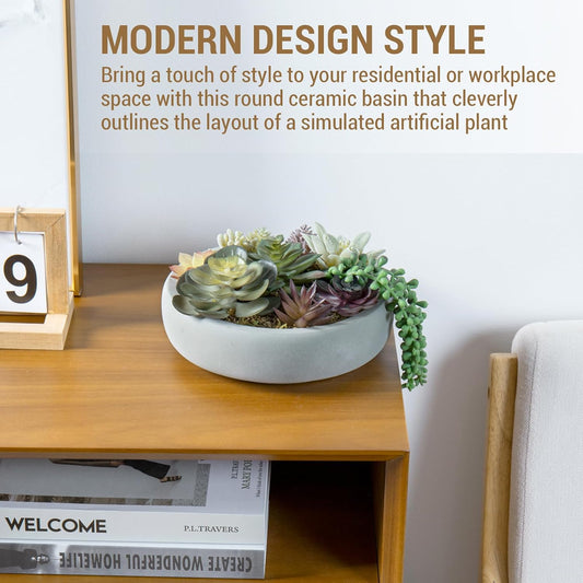 MyGift 8 Inch Round Artificial Succulent Plants in Gray Concrete Plant Bowl