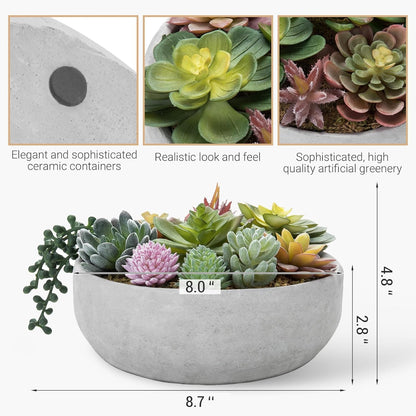 MyGift 8 Inch Round Artificial Succulent Plants in Gray Concrete Plant Bowl