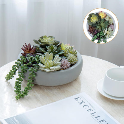 MyGift 8 Inch Round Artificial Succulent Plants in Gray Concrete Plant Bowl