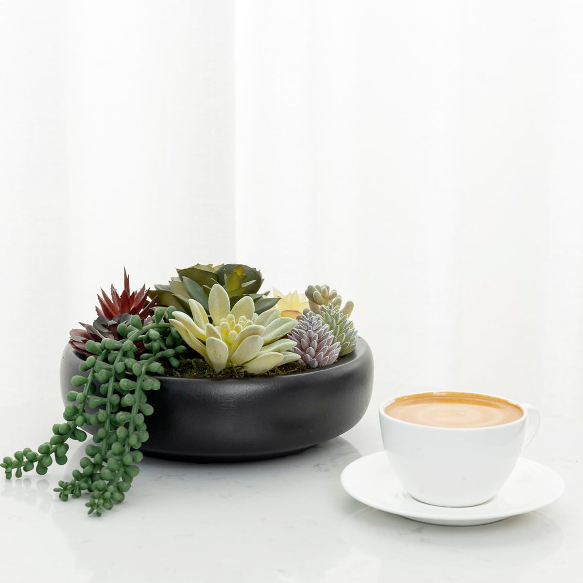 MyGift 8 Inch Round Artificial Succulent Plants in Gray Concrete Plant Bowl