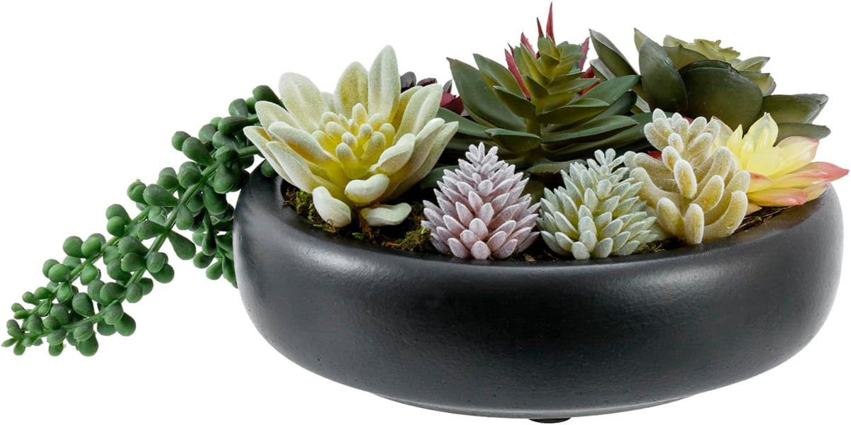 MyGift 8 Inch Round Artificial Succulent Plants in Gray Concrete Plant Bowl