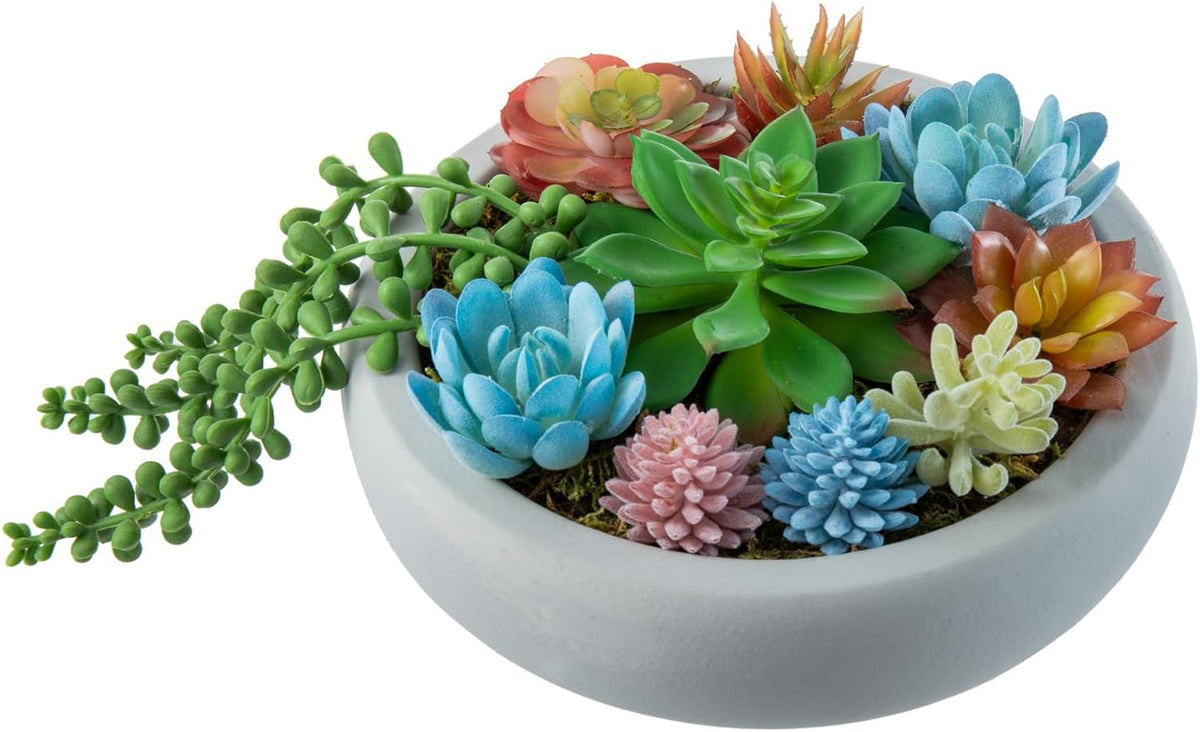 MyGift 8 Inch Round Artificial Succulent Plants in Gray Concrete Plant Bowl