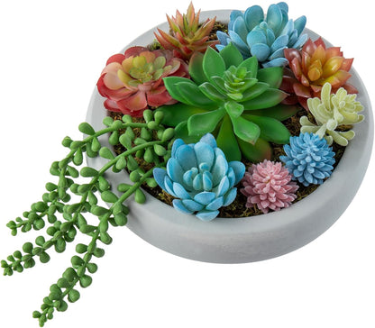 MyGift 8 Inch Round Artificial Succulent Plants in Gray Concrete Plant Bowl