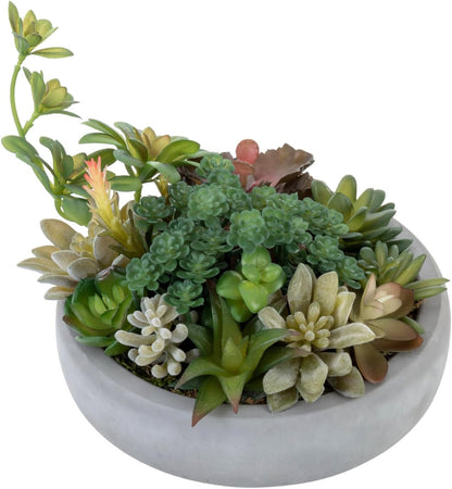 MyGift 8 Inch Round Artificial Succulent Plants in Gray Concrete Plant Bowl