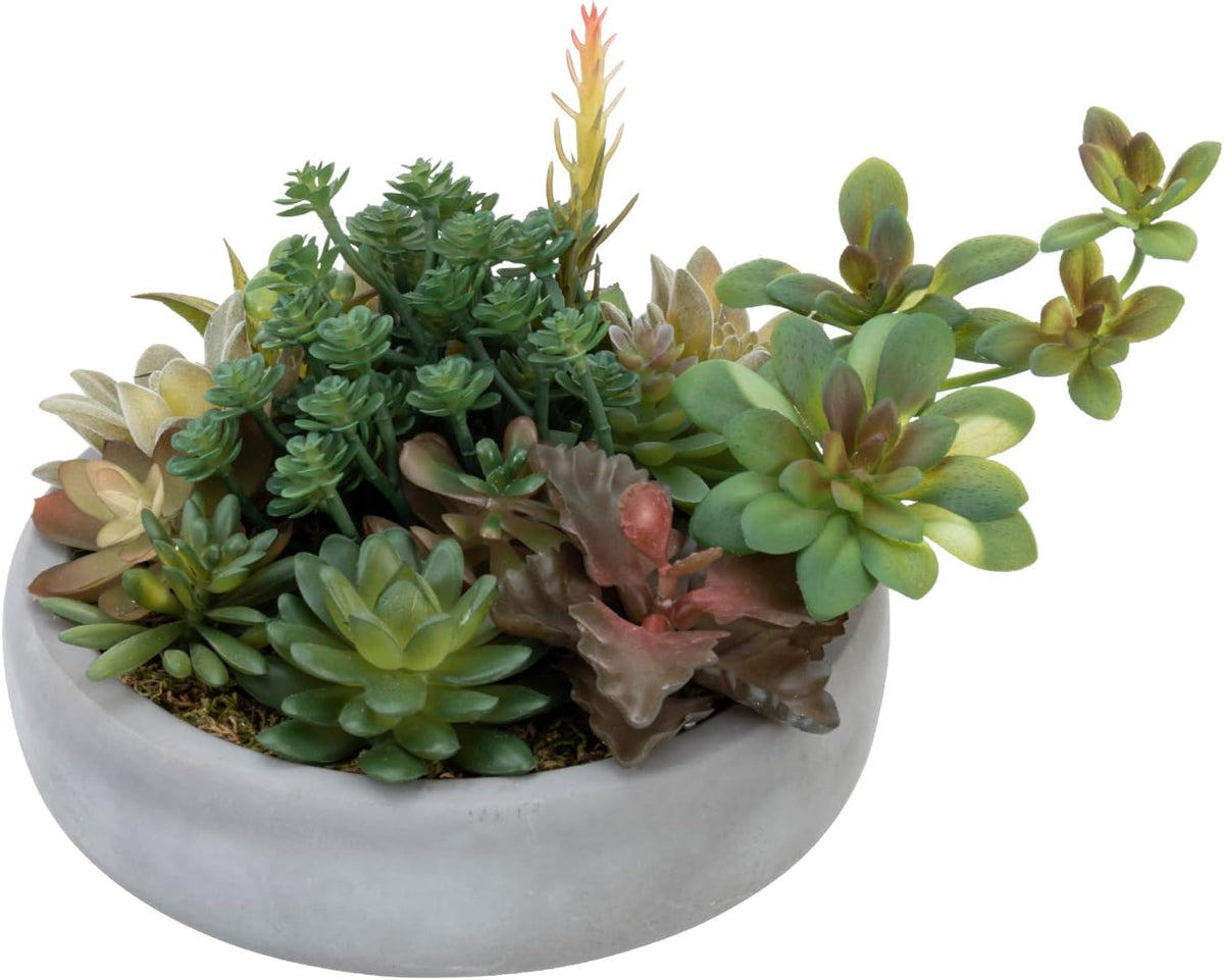 MyGift 8 Inch Round Artificial Succulent Plants in Gray Concrete Plant Bowl