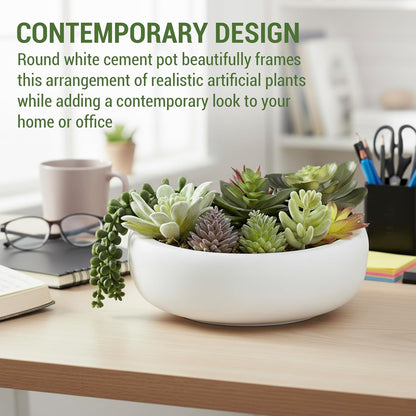 MyGift 8 Inch Round Artificial Succulent Plants in Gray Concrete Plant Bowl