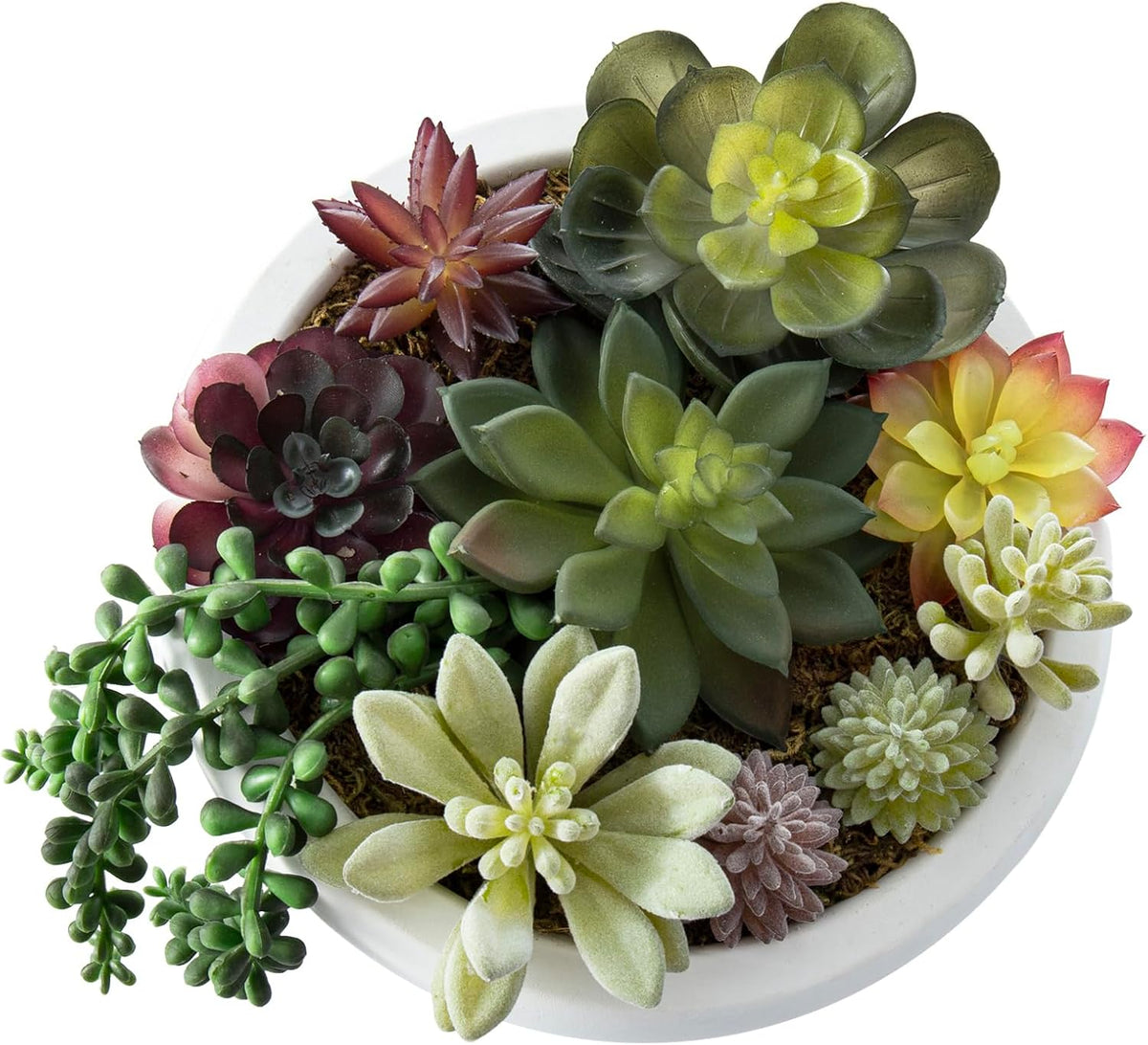 MyGift 8 Inch Round Artificial Succulent Plants in Gray Concrete Plant Bowl