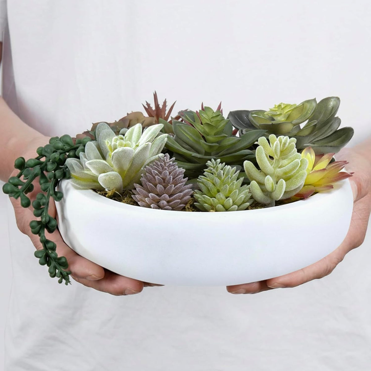 MyGift 8 Inch Round Artificial Succulent Plants in Gray Concrete Plant Bowl