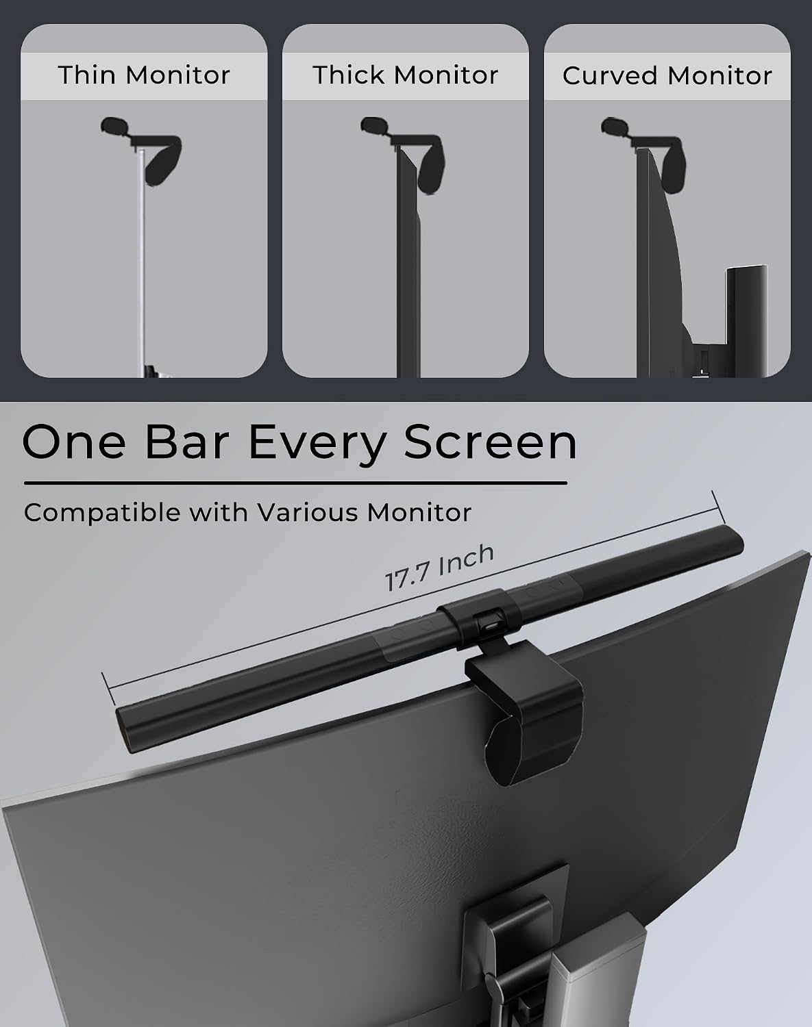 17.5" Monitor Light Bar for Flat & Curved Screens (0.3"-1.4"), Ultrawide Eye-Care Desk Lamp with Asymmetric No-Glare Light, Stepless Dimming, Premium Aluminum Screen Bar for Home Office