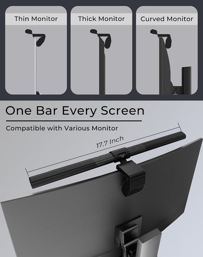 17.5" Monitor Light Bar for Flat & Curved Screens (0.3"-1.4"), Ultrawide Eye-Care Desk Lamp with Asymmetric No-Glare Light, Stepless Dimming, Premium Aluminum Screen Bar for Home Office