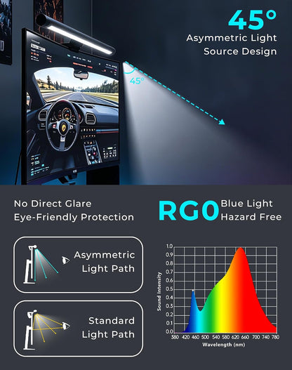 17.5" Monitor Light Bar for Flat & Curved Screens (0.3"-1.4"), Ultrawide Eye-Care Desk Lamp with Asymmetric No-Glare Light, Stepless Dimming, Premium Aluminum Screen Bar for Home Office