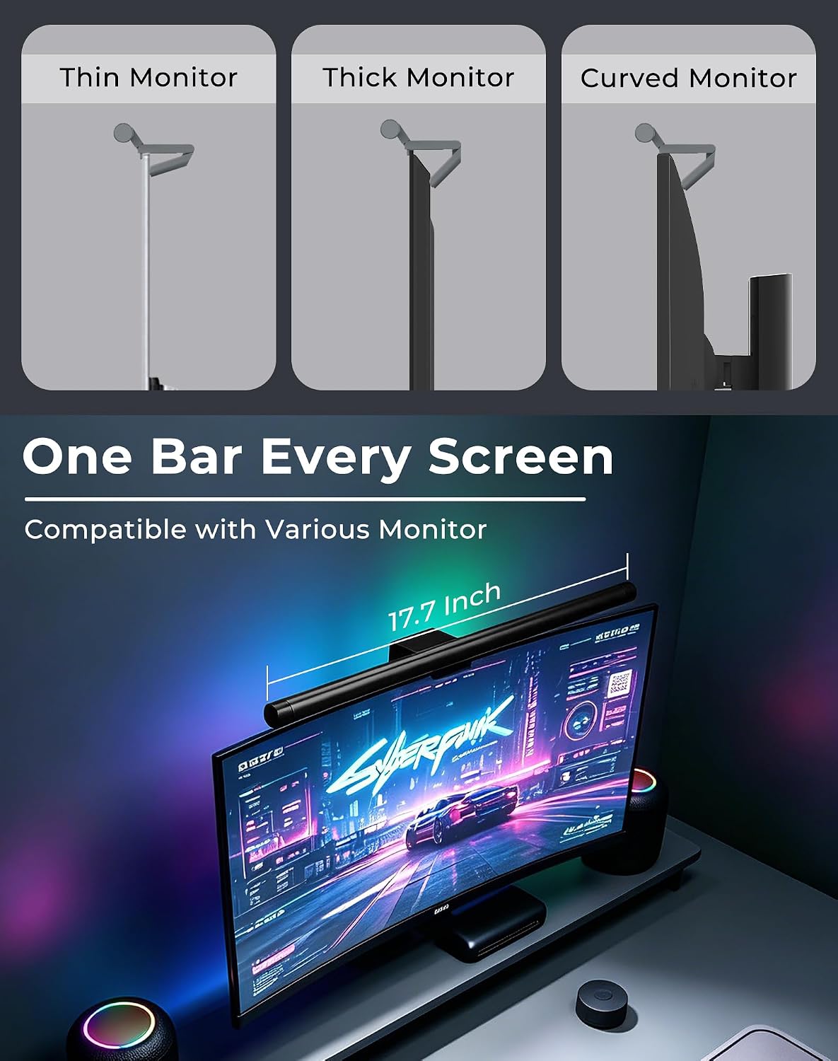 17.5" Monitor Light Bar for Flat & Curved Screens (0.3"-1.4"), Ultrawide Eye-Care Desk Lamp with Asymmetric No-Glare Light, Stepless Dimming, Premium Aluminum Screen Bar for Home Office