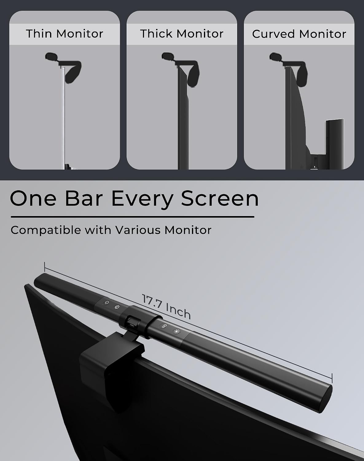 17.5" Monitor Light Bar for Flat & Curved Screens (0.3"-1.4"), Ultrawide Eye-Care Desk Lamp with Asymmetric No-Glare Light, Stepless Dimming, Premium Aluminum Screen Bar for Home Office