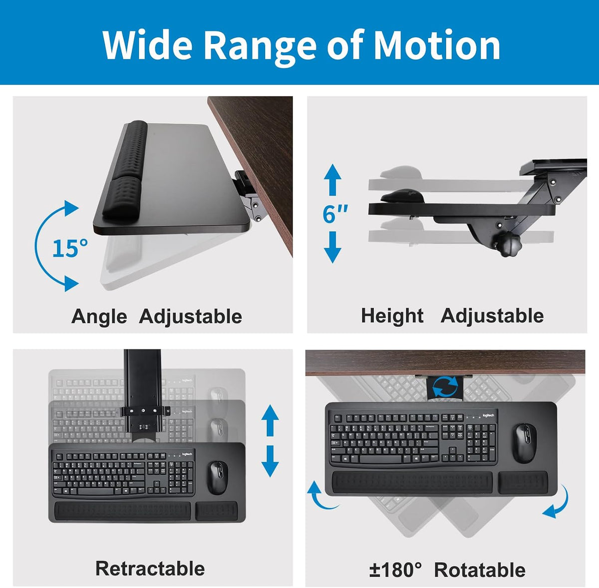 Keyboard Tray Under Desk,25x9.84'' Large Slide Out Swivel Tilt Computer Keyboard Drawer for Home Gaming Office Desk, Dual Mount,Black