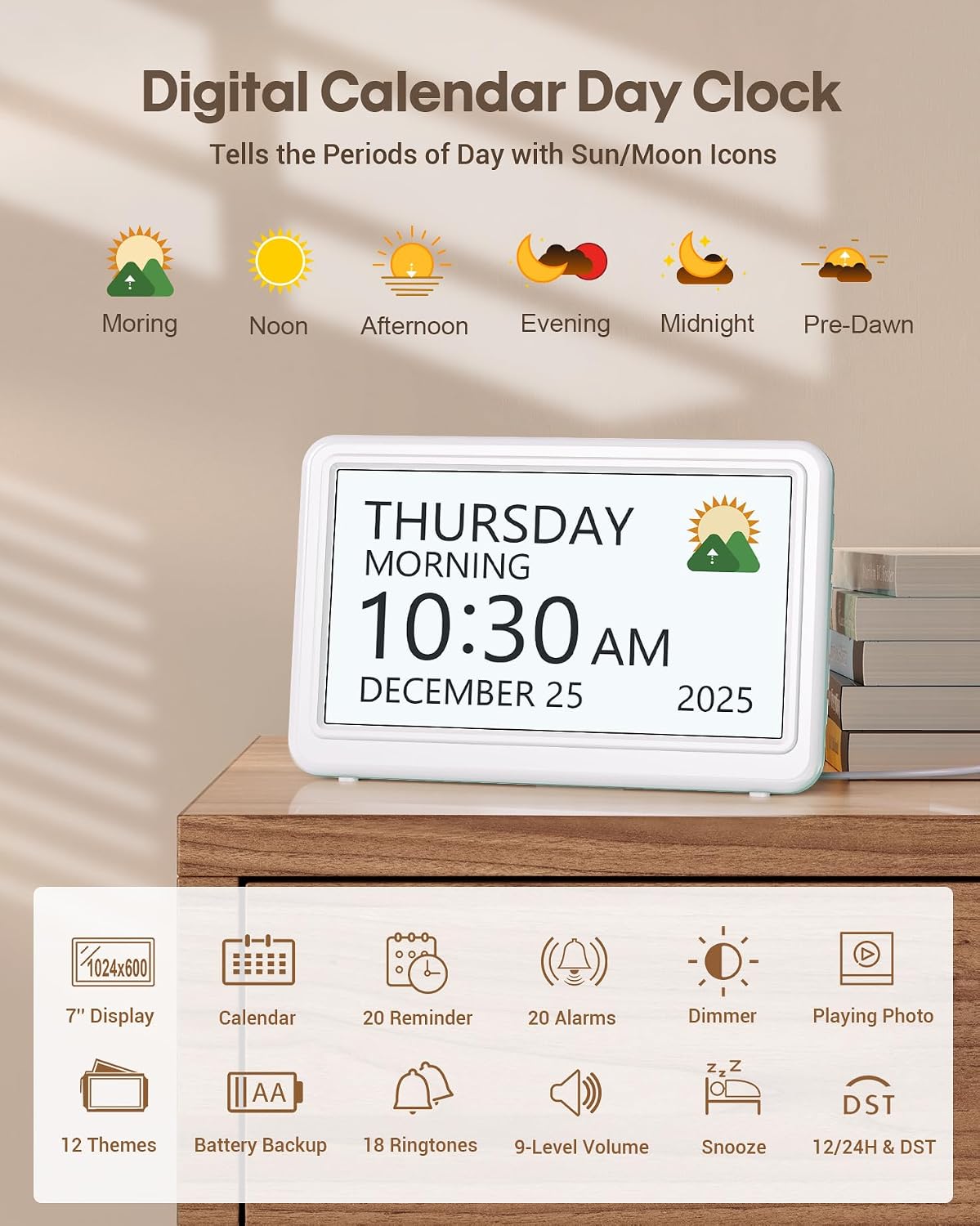 Clock with Day and Date for Elderly,7" Large Display Digital Calendar Clock