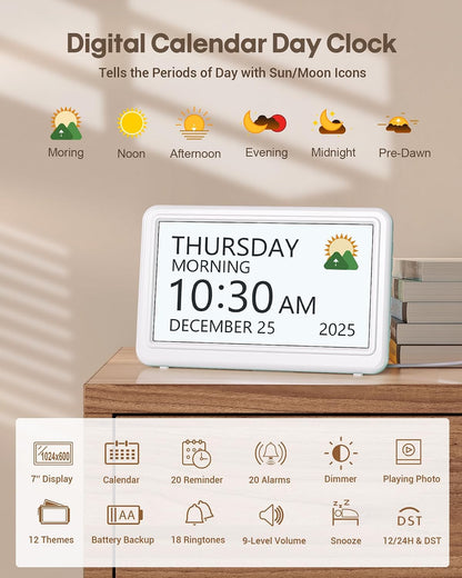 Clock with Day and Date for Elderly,7" Large Display Digital Calendar Clock