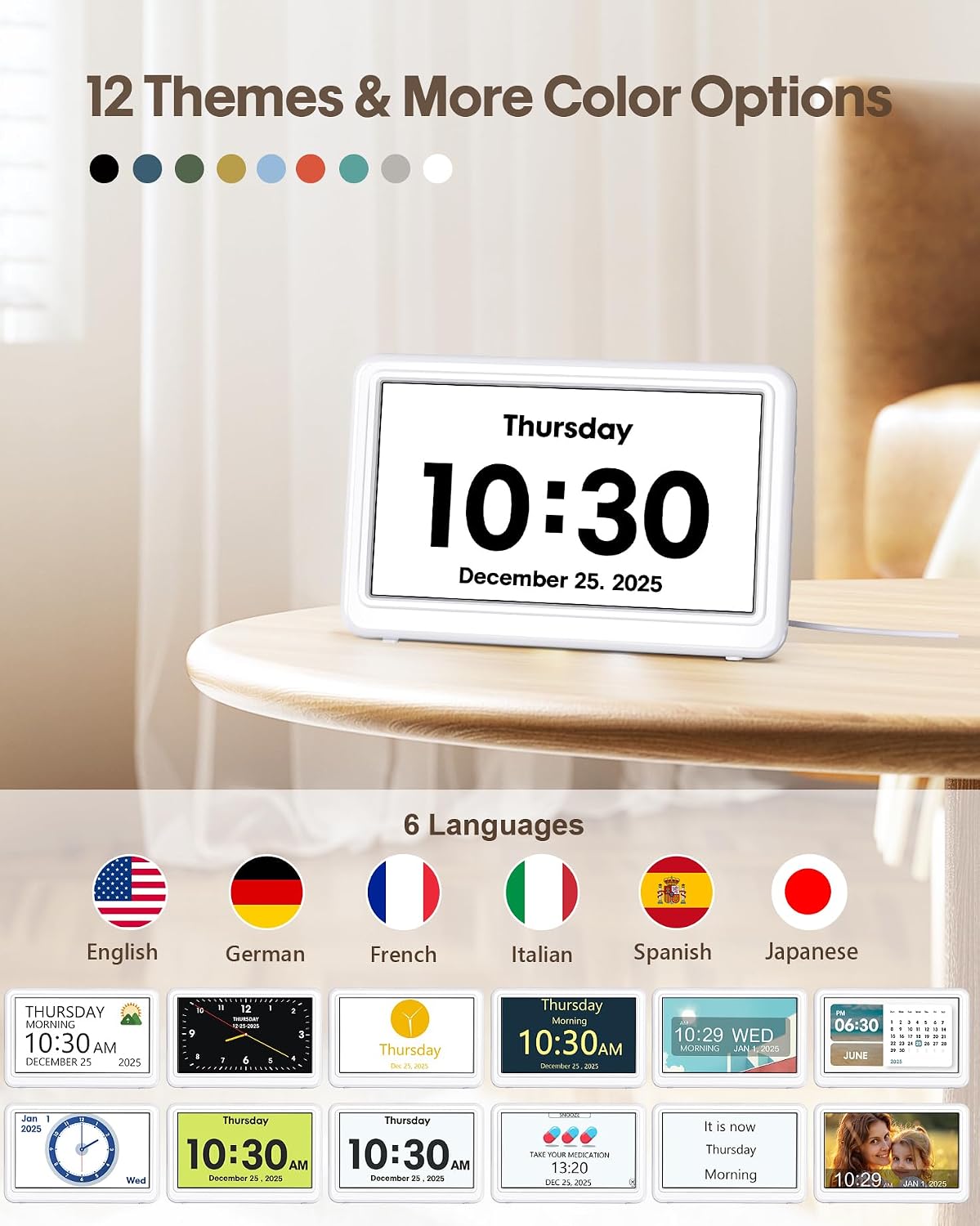 Clock with Day and Date for Elderly,7" Large Display Digital Calendar Clock