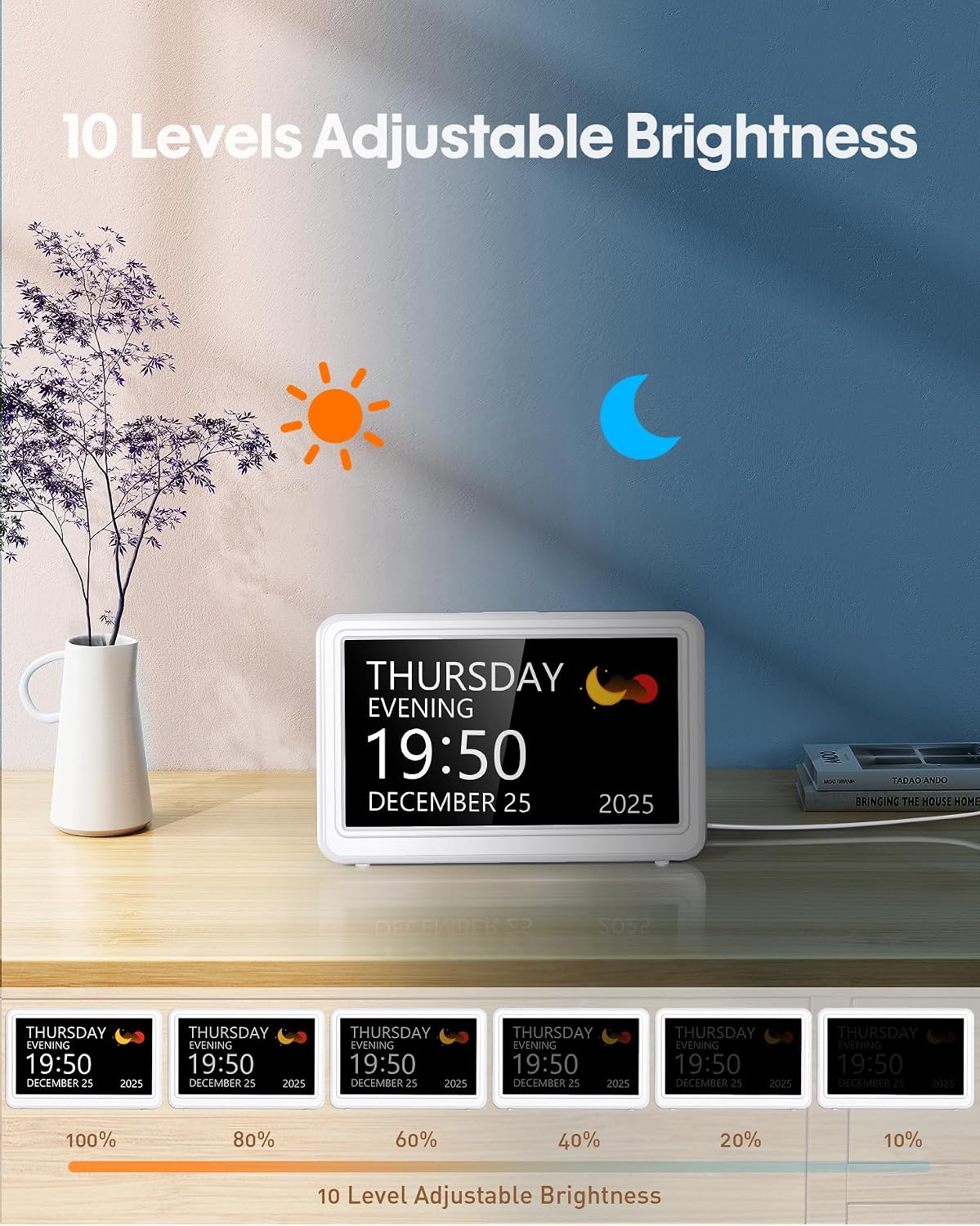 Clock with Day and Date for Elderly,7" Large Display Digital Calendar Clock