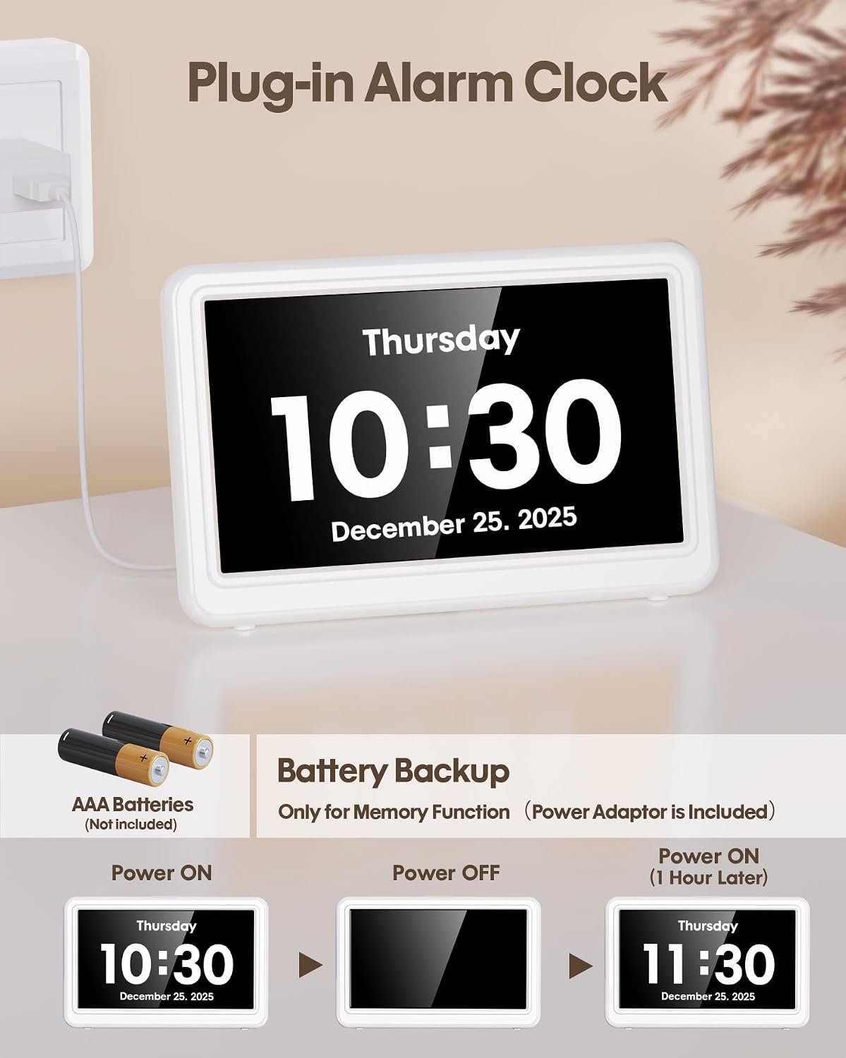Clock with Day and Date for Elderly,7" Large Display Digital Calendar Clock