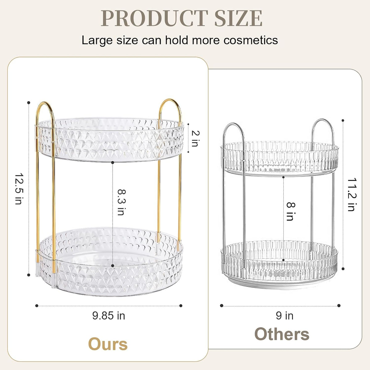 Large Capacity Rotating Makeup Organizer Perfume Stand Holder, 2 Tier Clear