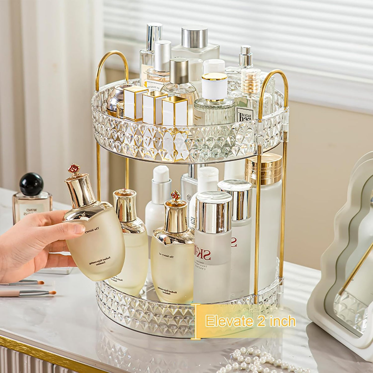 Large Capacity Rotating Makeup Organizer Perfume Stand Holder, 2 Tier Clear