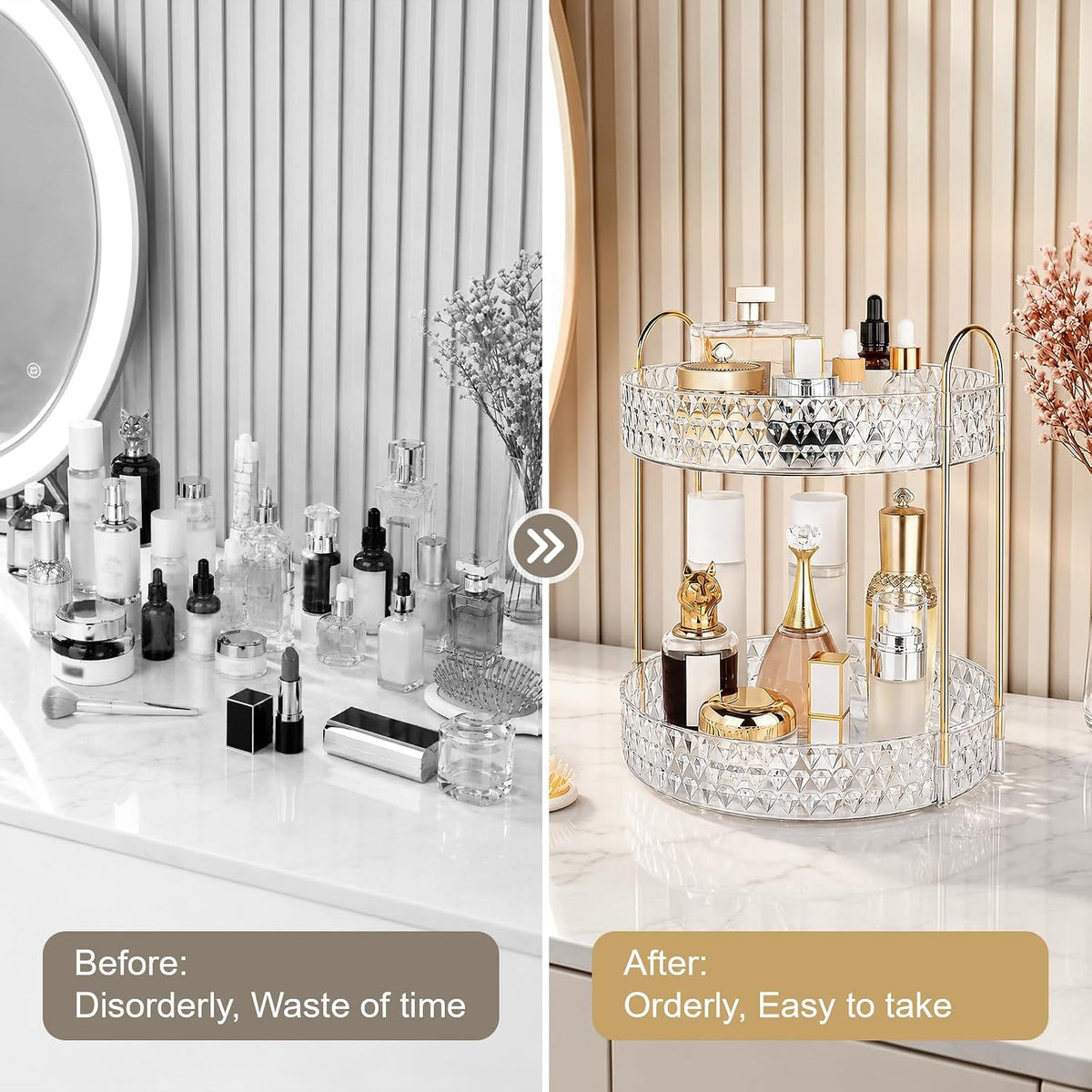 Large Capacity Rotating Makeup Organizer Perfume Stand Holder, 2 Tier Clear