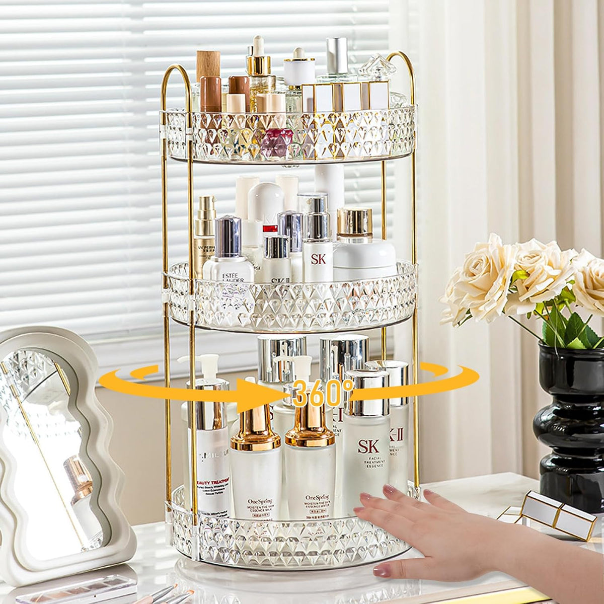 Large Capacity Rotating Makeup Organizer Perfume Stand Holder, 2 Tier Clear