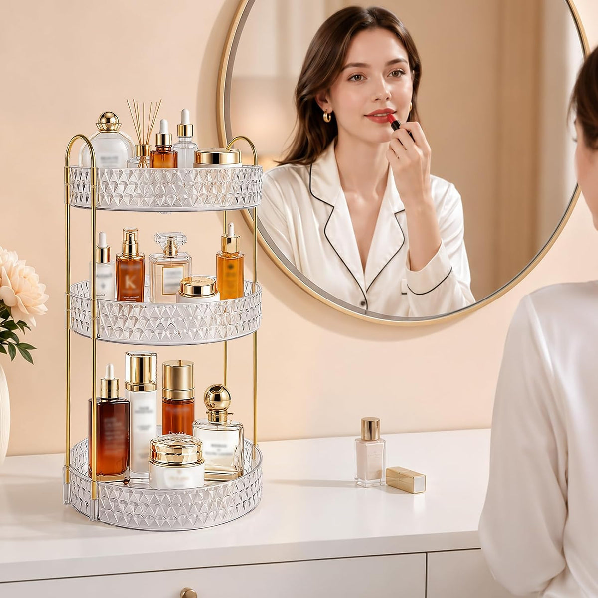 Large Capacity Rotating Makeup Organizer Perfume Stand Holder, 2 Tier Clear