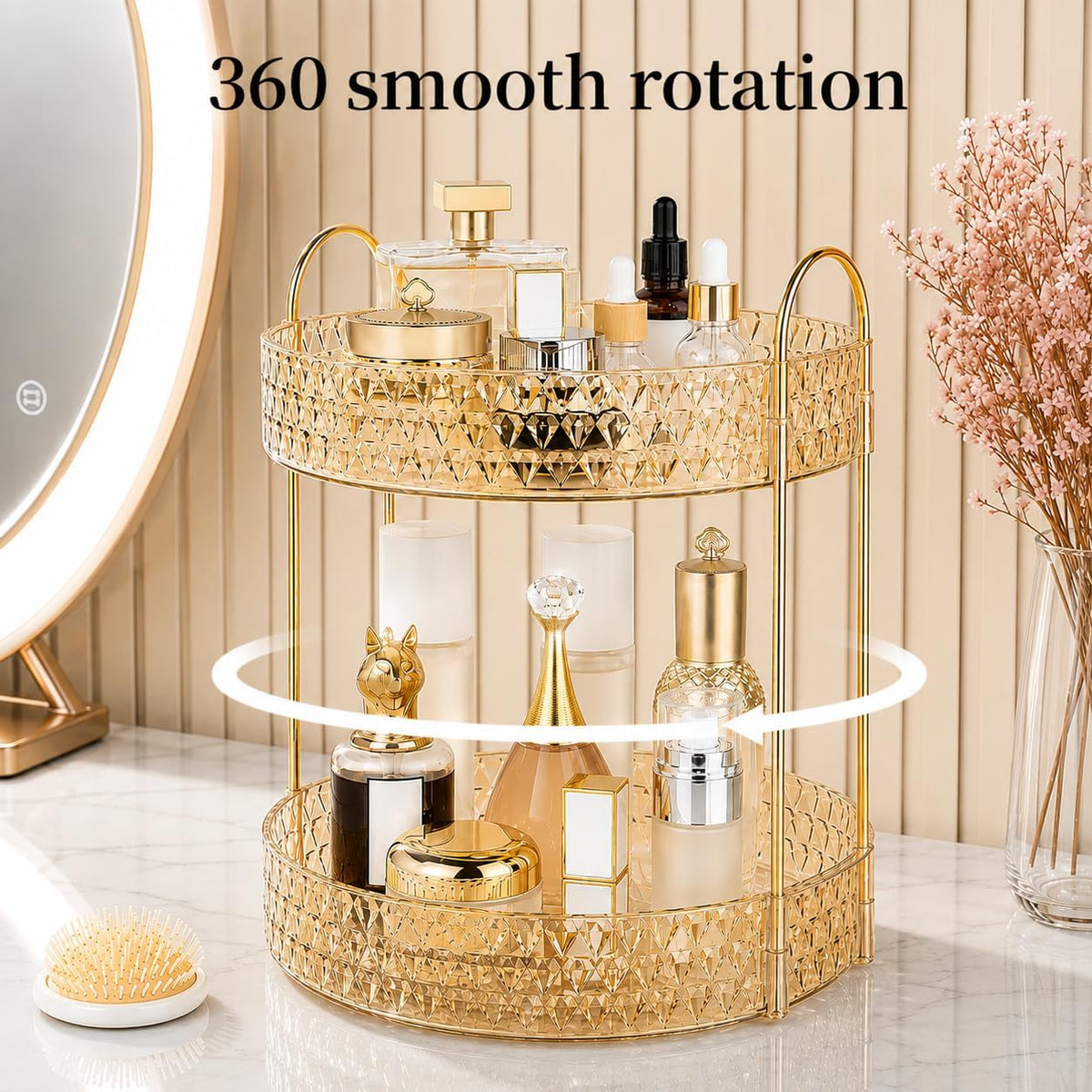 Large Capacity Rotating Makeup Organizer Perfume Stand Holder, 2 Tier Clear