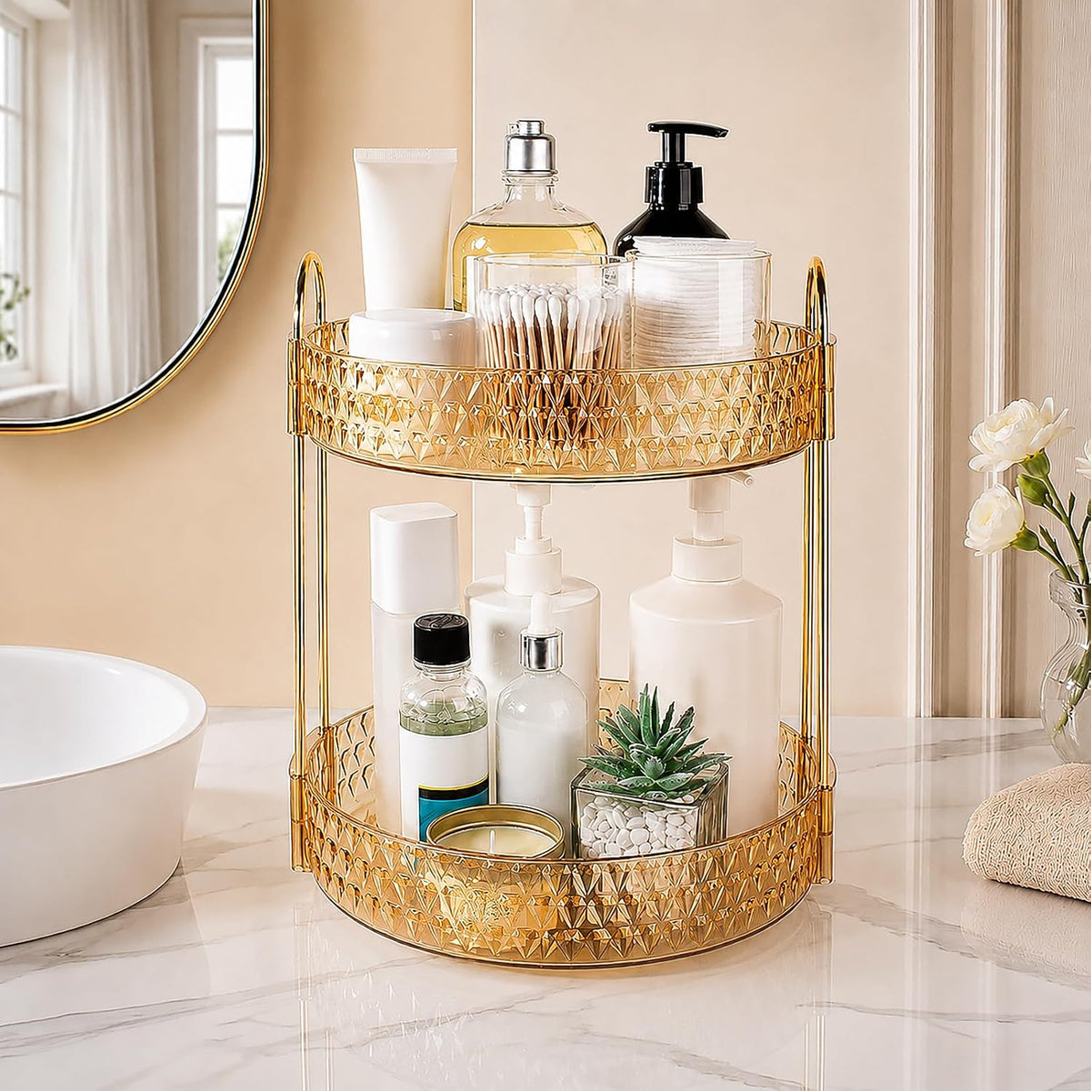 Large Capacity Rotating Makeup Organizer Perfume Stand Holder, 2 Tier Clear