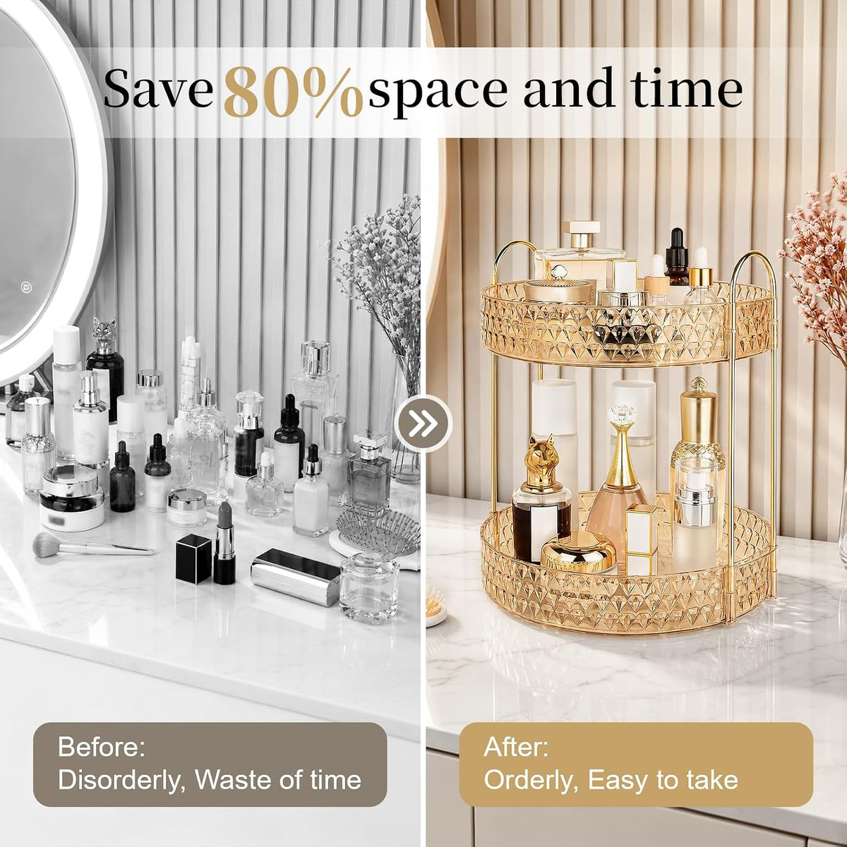 Large Capacity Rotating Makeup Organizer Perfume Stand Holder, 2 Tier Clear