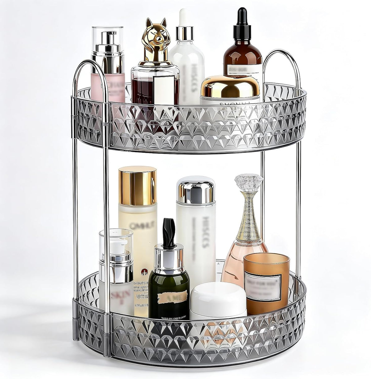 Large Capacity Rotating Makeup Organizer Perfume Stand Holder, 2 Tier Clear