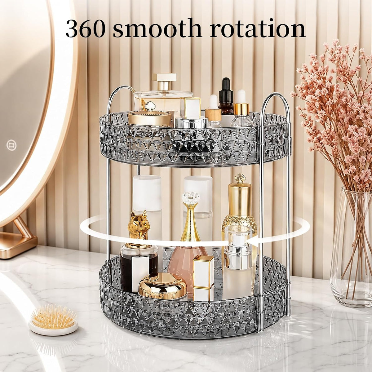 Large Capacity Rotating Makeup Organizer Perfume Stand Holder, 2 Tier Clear