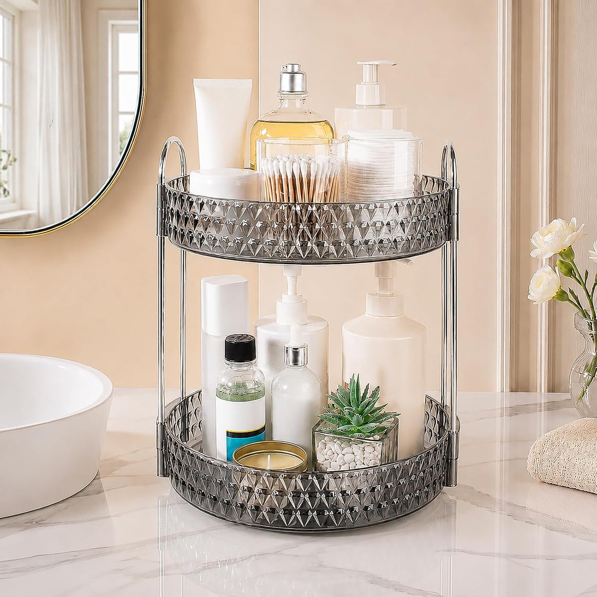 Large Capacity Rotating Makeup Organizer Perfume Stand Holder, 2 Tier Clear