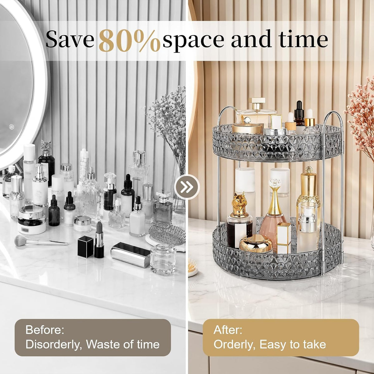 Large Capacity Rotating Makeup Organizer Perfume Stand Holder, 2 Tier Clear
