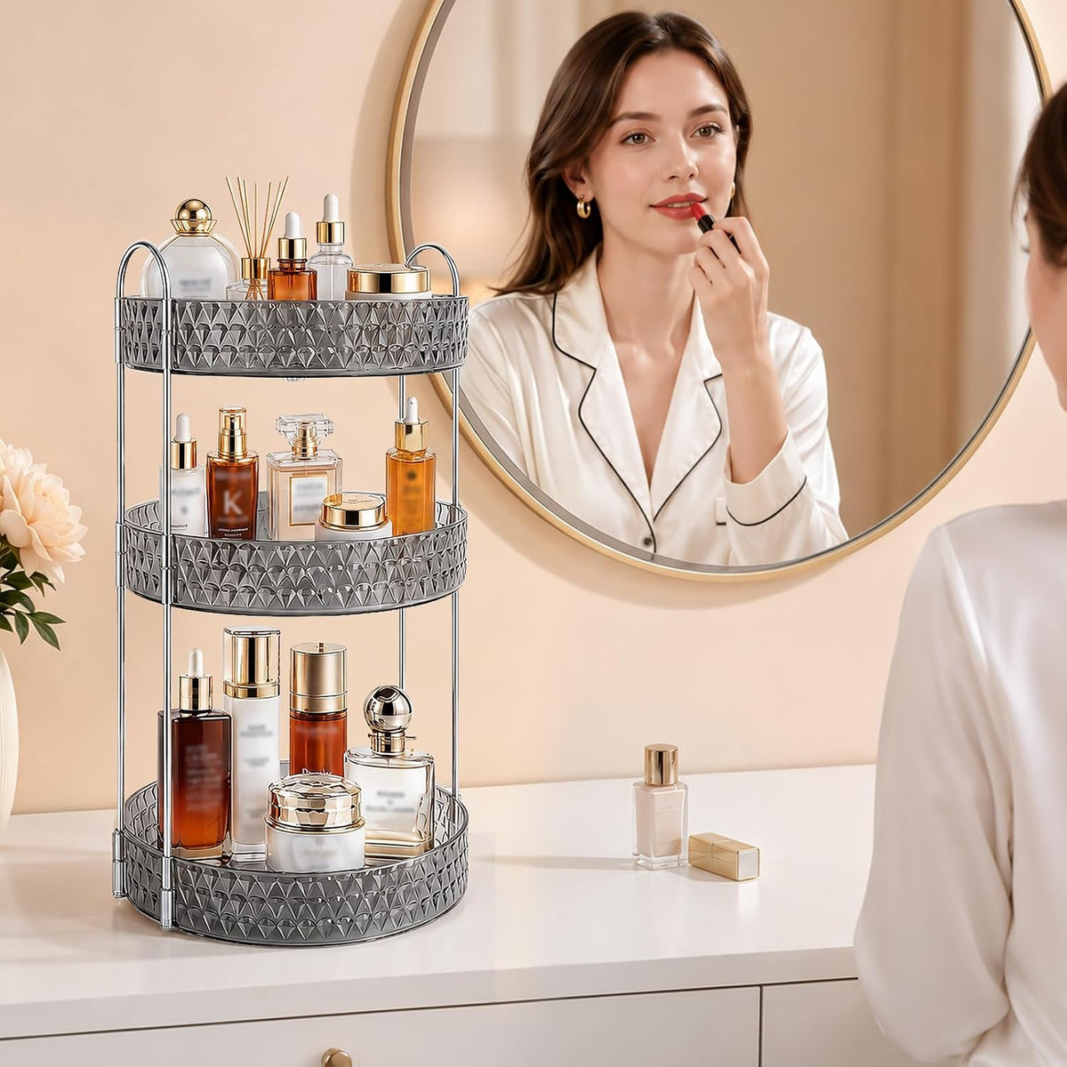 Large Capacity Rotating Makeup Organizer Perfume Stand Holder, 2 Tier Clear