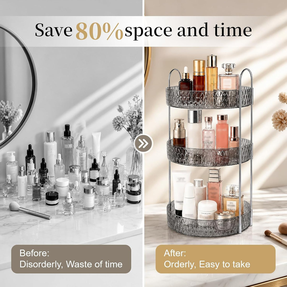 Large Capacity Rotating Makeup Organizer Perfume Stand Holder, 2 Tier Clear