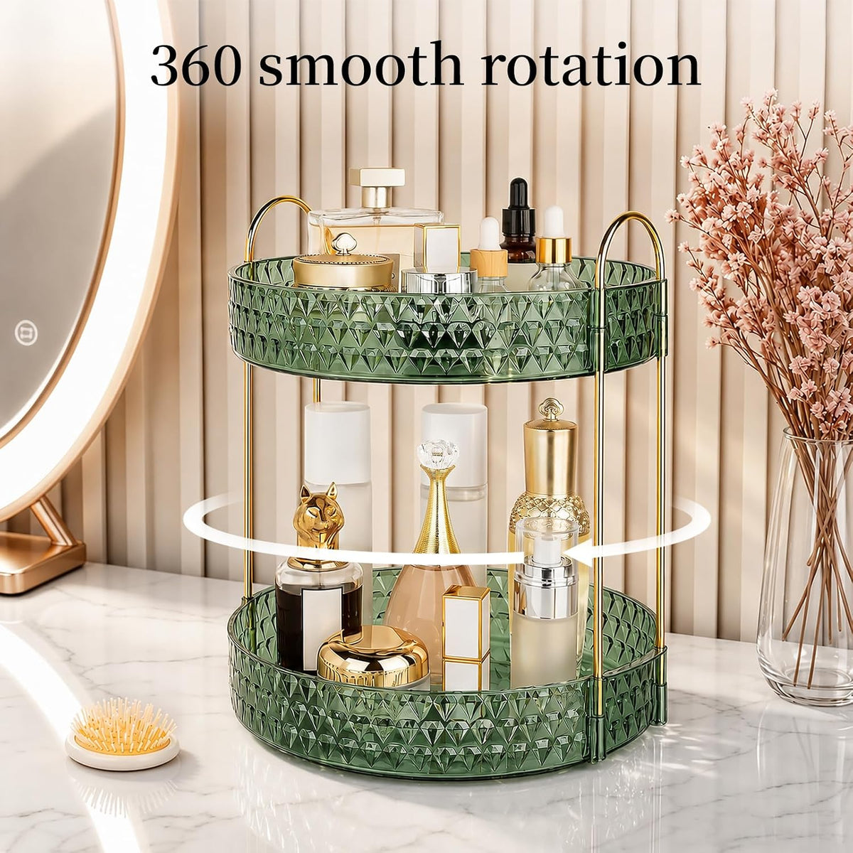 Large Capacity Rotating Makeup Organizer Perfume Stand Holder, 2 Tier Clear