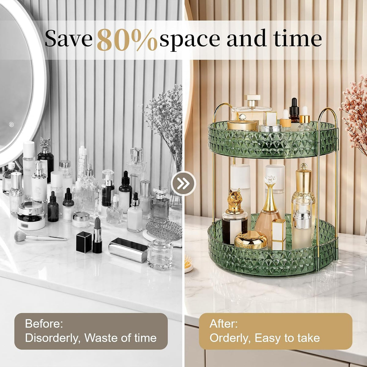 Large Capacity Rotating Makeup Organizer Perfume Stand Holder, 2 Tier Clear