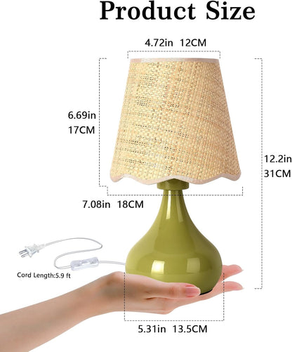 Green Small Touch Control Table Lamp for Bedroom,Green Bedside Lamps for Nightstand,Cute Mini Small Table Lamps for Small Spaces with Scalloped Shade for Kitchen Counter,Bookshelf,Living Room