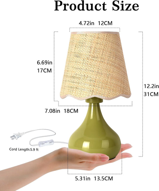 Green Small Touch Control Table Lamp for Bedroom,Green Bedside Lamps for Nightstand,Cute Mini Small Table Lamps for Small Spaces with Scalloped Shade for Kitchen Counter,Bookshelf,Living Room