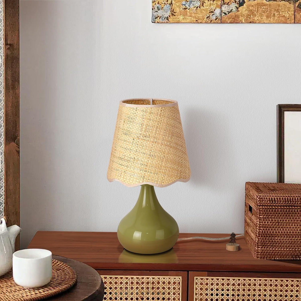 Green Small Touch Control Table Lamp for Bedroom,Green Bedside Lamps for Nightstand,Cute Mini Small Table Lamps for Small Spaces with Scalloped Shade for Kitchen Counter,Bookshelf,Living Room